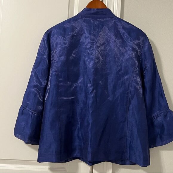 Chico’s Size 2 Metallic Linen Blend Long Bell Sleeve Jacket Blazer Cobalt - Picture 5 of 12